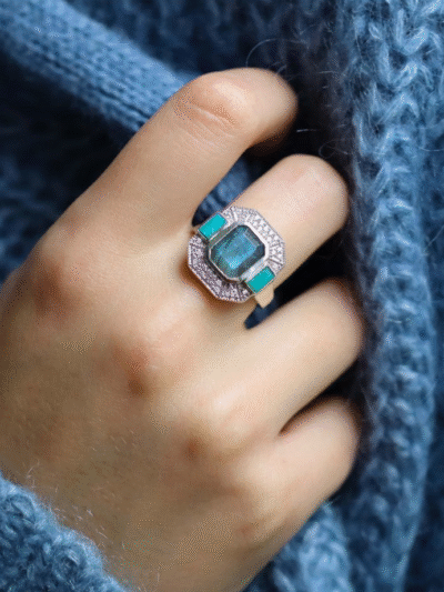 Bague style Art déco Labradorite/Turquoise