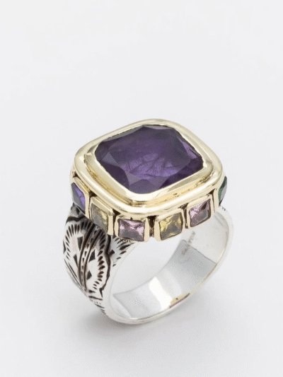 Bague carrée Améthyste/oxydes teintés