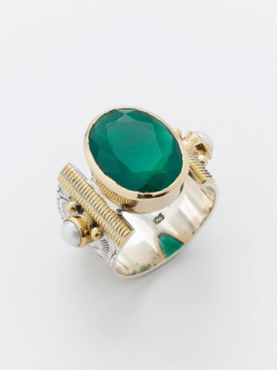 Bague Ethnique Onyx vert/perles nacrées