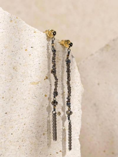 Boucles d'oreille en fils d'argent baignés de ruthénium, Longueur 8 cm. Travail artisanal, créatrice parisienne