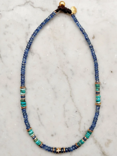 Collier en kyanite, turquoise, zircons et vermeil longueur 38 cm. Artisanat Sicilien, pièce unique