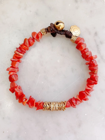 Bracelet en corail rouge, zircon et vermeil de 17 cm, création artisanale Italienne