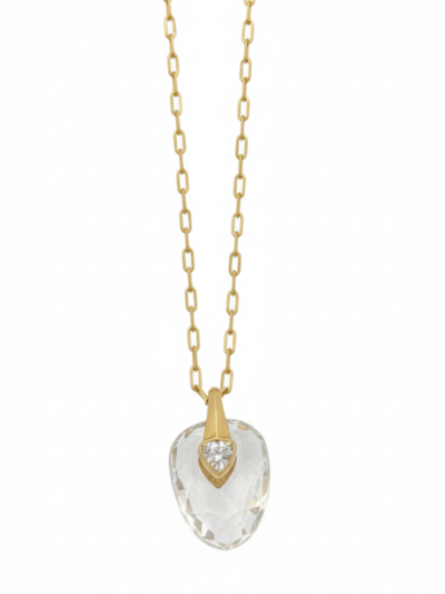 Collier plaqué à 1 micron d'or 24 carats avec une médaille en pierre de cristal, longueur 42 à 44 cm. Création artisanale Parisienne