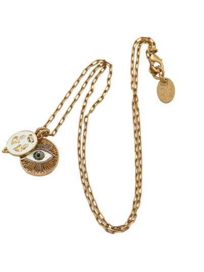 Collier plaqué à 1 micron d'or 24 carats avec 2 médailles : 1 œil émaillé et 1 double cœur ivoire. Longueur 42 cm Travail artisanal fait en atelier à Paris